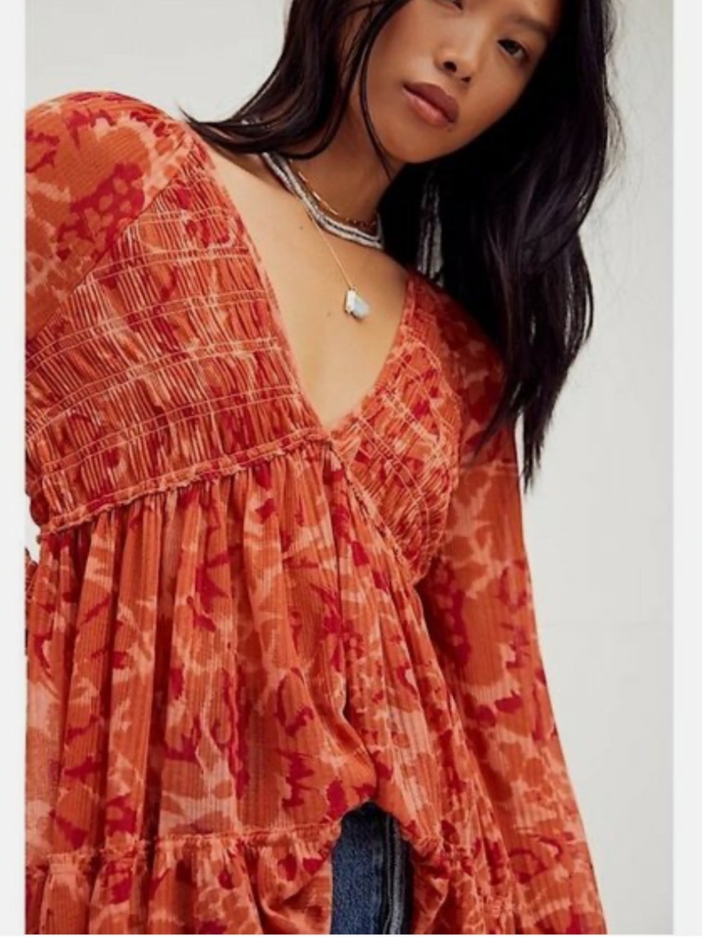 Free People Dark Romantic Rust Floral Smocked V-Neck Tunic Merlot Combo